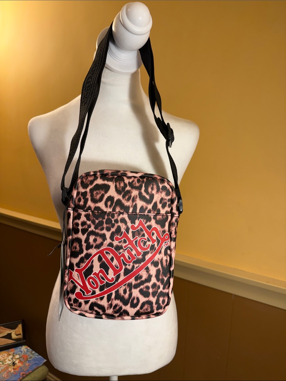 NWT Von Dutch Y2K Leopard Cheetah Print Crossbody Bag Red Logo Streetwear Purse